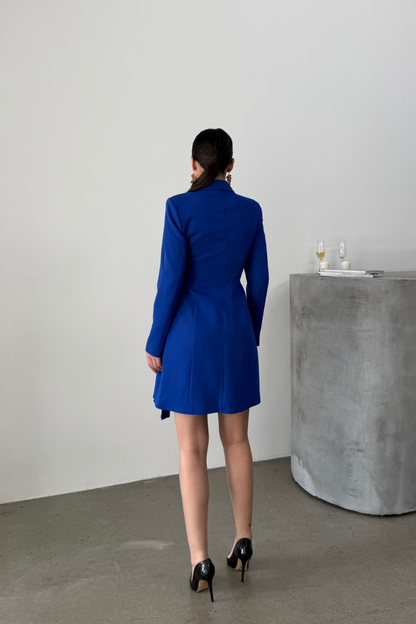 Kadın Elbise Mini Şık Uzun Kollu Kuşaklı Kruvaze Yaka Pileli Ceket Elbise