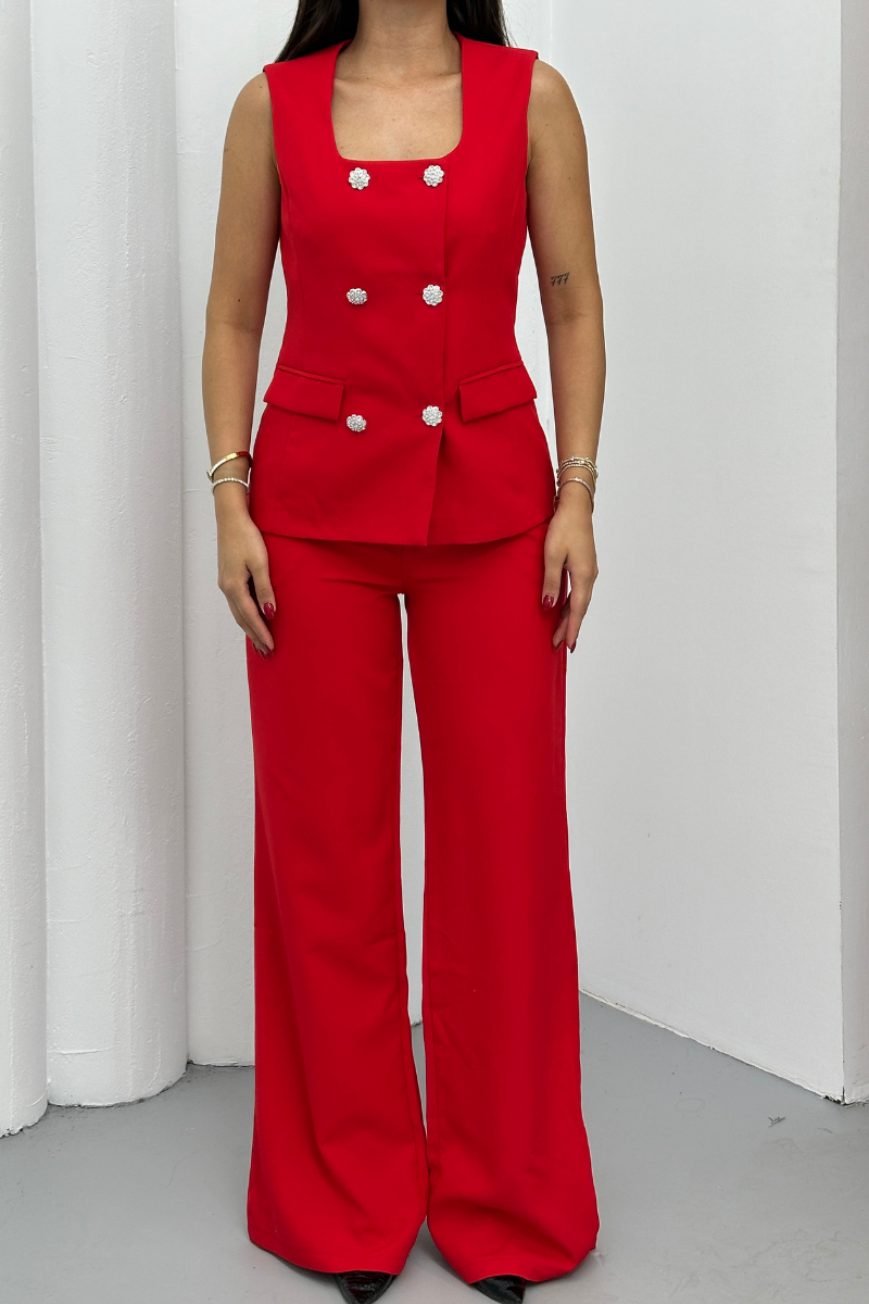 Kadın İkili Alt Üst Takım Şık Düğme Detaylı Kare Yaka Yelek Pantolon Takım