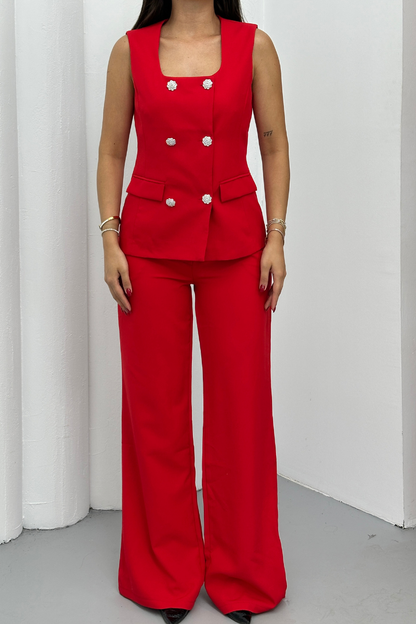 Kadın İkili Alt Üst Takım Şık Düğme Detaylı Kare Yaka Yelek Pantolon Takım