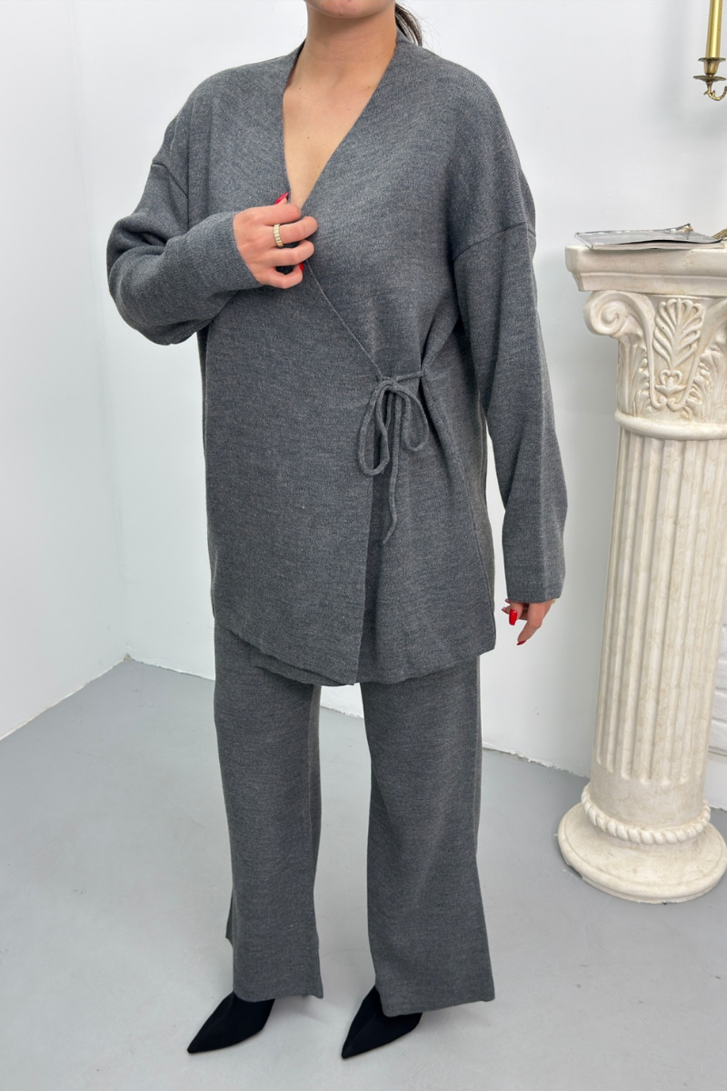 Kadın İkili Alt Üst Takım Triko Yandan Bağcıklı Kruvaze Hırka Bol Paça Pantolon Örme Takım