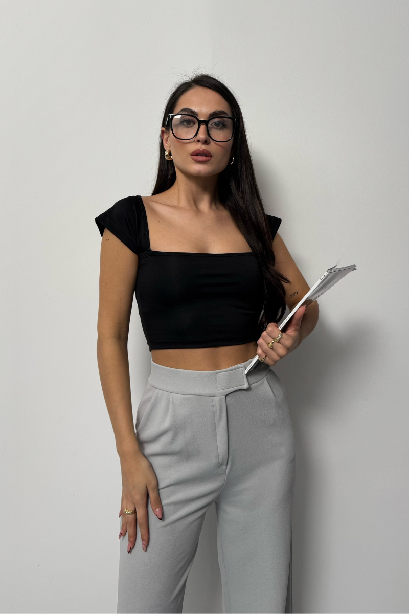 Kadın Crop Tişört Kısa Kollu Kare Yaka Basic Tişört