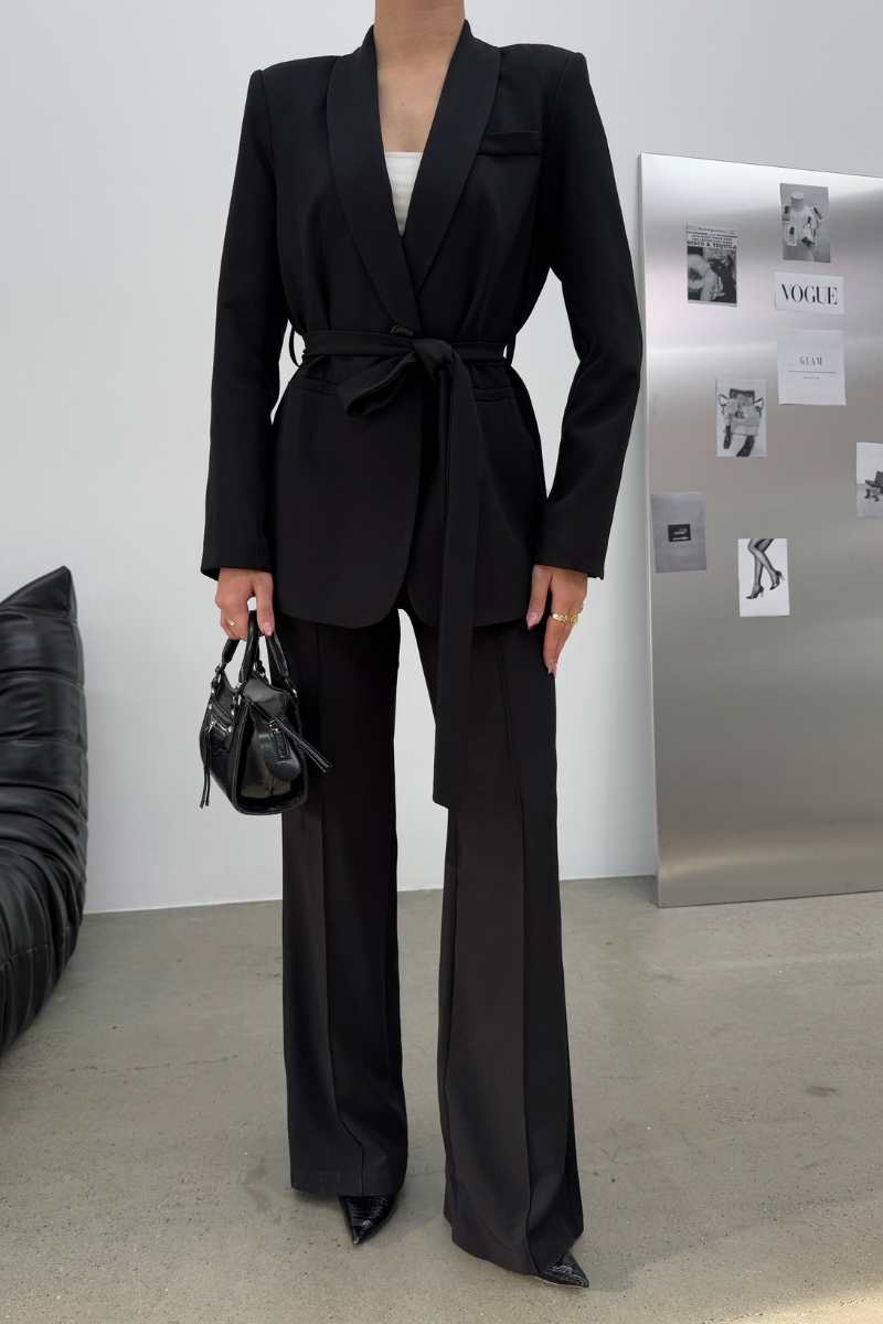 Kadın İkili Kuşaklı Blazer Ceket Pantolon Takım