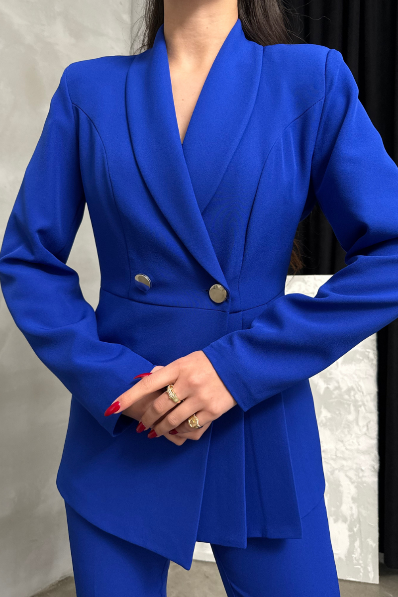 Kadın İkili Blazer Ceket Pantolon Takım Pile ve Düğme Detaylı Boru Paça