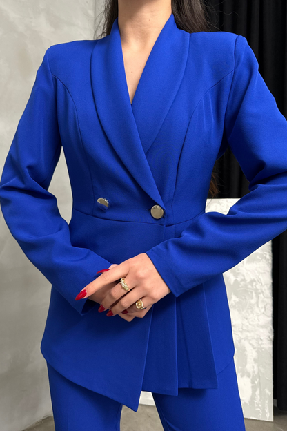 Kadın İkili Blazer Ceket Pantolon Takım Pile ve Düğme Detaylı Boru Paça