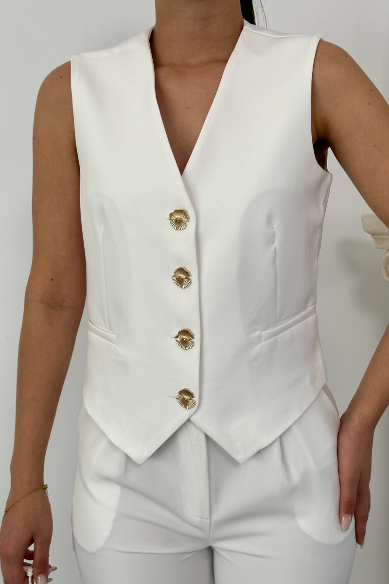 Kadın Alt Üst Takım Şık Gold Düğme Detaylı V Yaka Yelek Pantolon Takım