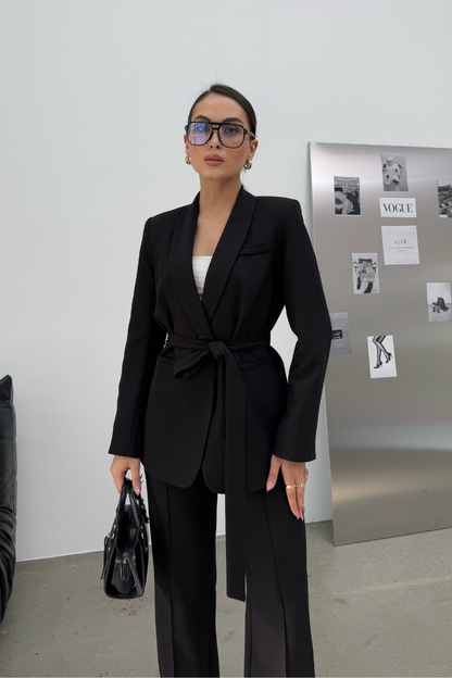 Kadın İkili Kuşaklı Blazer Ceket Pantolon Takım