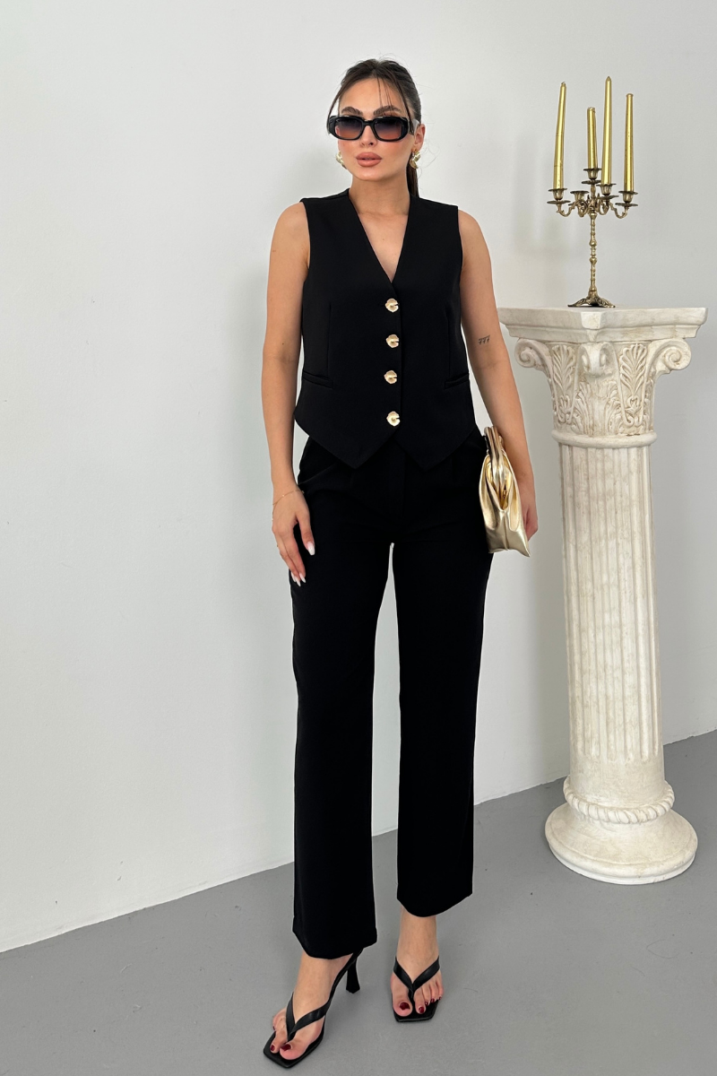 Kadın Alt Üst Takım Şık Gold Düğme Detaylı V Yaka Yelek Pantolon Takım