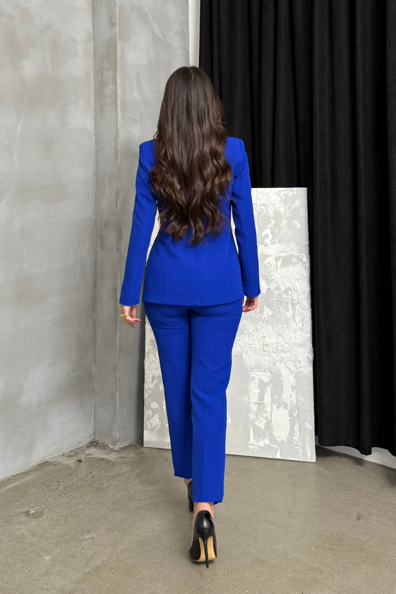 Kadın İkili Blazer Ceket Pantolon Takım Pile ve Düğme Detaylı Boru Paça