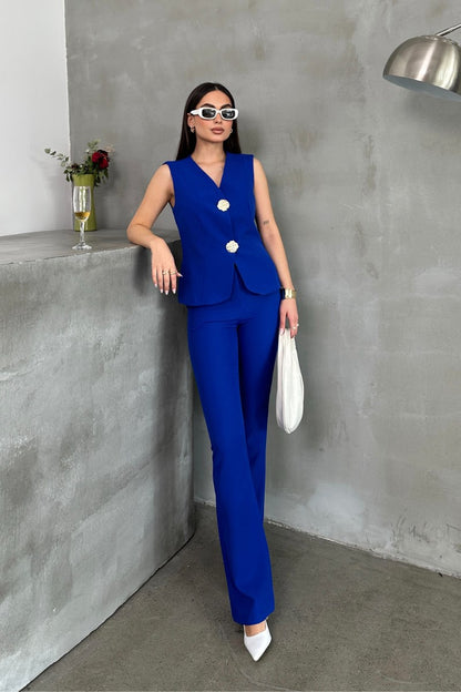 Kadın Alt Üst Takım Şık Düğme Detaylı Yelek Pantolon İkili Takım Saks Mavisi
