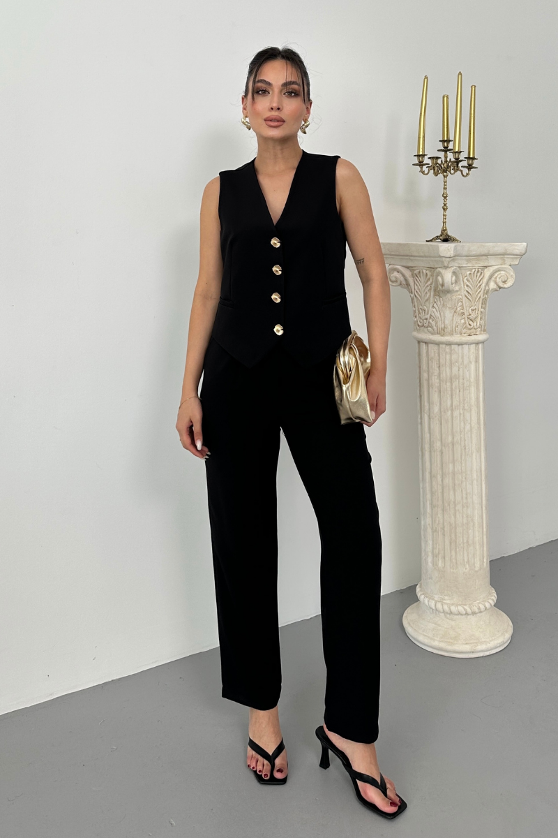 Kadın Alt Üst Takım Şık Gold Düğme Detaylı V Yaka Yelek Pantolon Takım