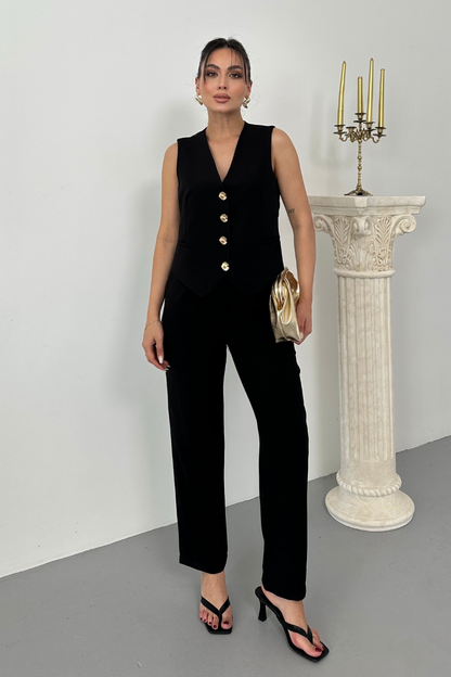 Kadın Alt Üst Takım Şık Gold Düğme Detaylı V Yaka Yelek Pantolon Takım
