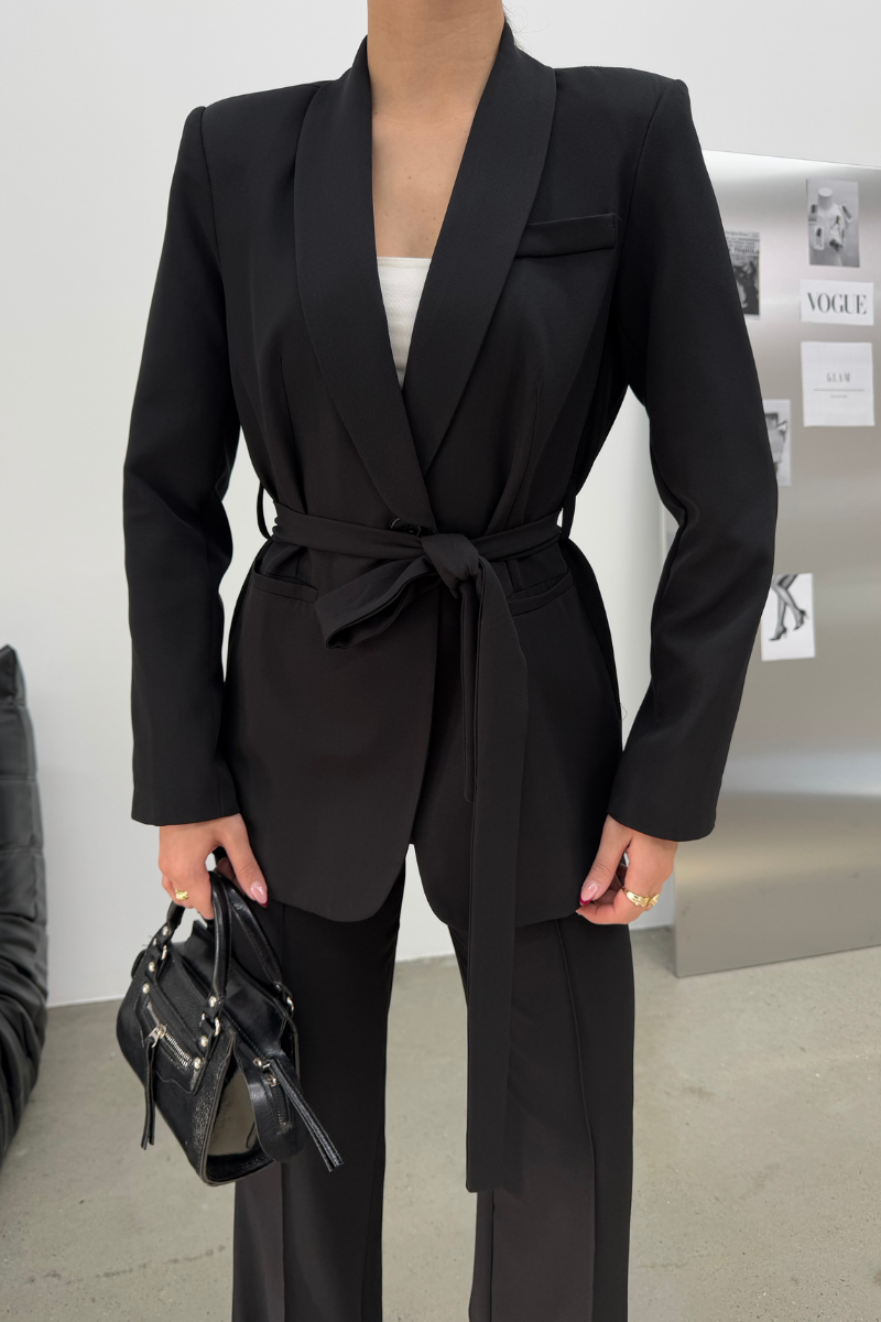 Kadın İkili Kuşaklı Blazer Ceket Pantolon Takım