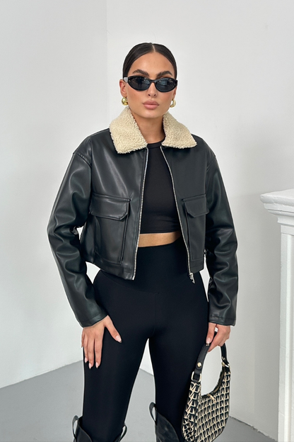 Kadın Crop Ceket Suni Deri Yakası Kürklü Fermuarlı Çift Cepli Kısa Deri Mont