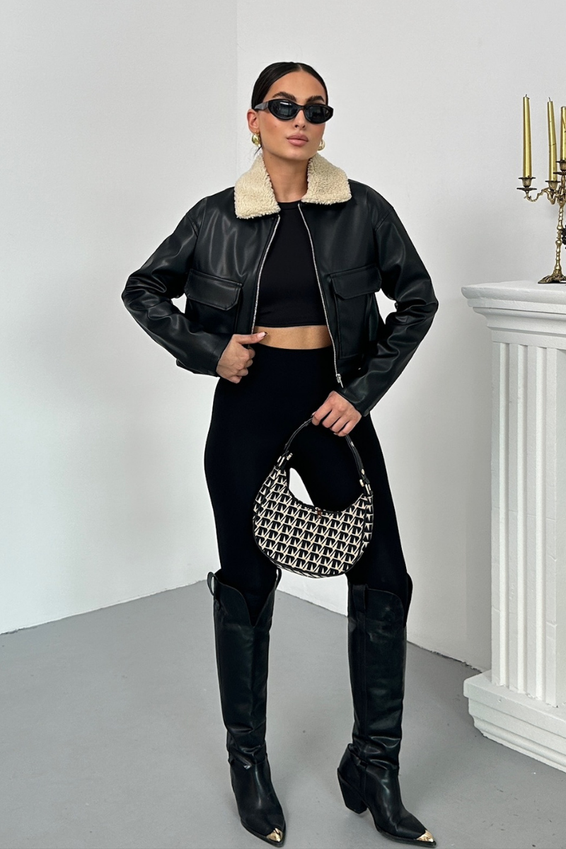 Kadın Crop Ceket Suni Deri Yakası Kürklü Fermuarlı Çift Cepli Kısa Deri Mont