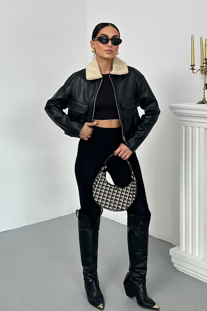 Kadın Crop Ceket Suni Deri Yakası Kürklü Fermuarlı Çift Cepli Kısa Deri Mont