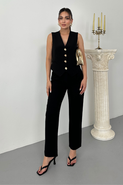Kadın Alt Üst Takım Şık Gold Düğme Detaylı V Yaka Yelek Pantolon Takım