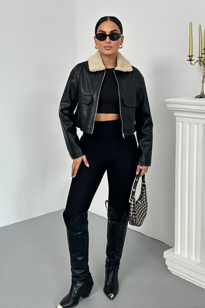 Kadın Crop Ceket Suni Deri Yakası Kürklü Fermuarlı Çift Cepli Kısa Deri Mont