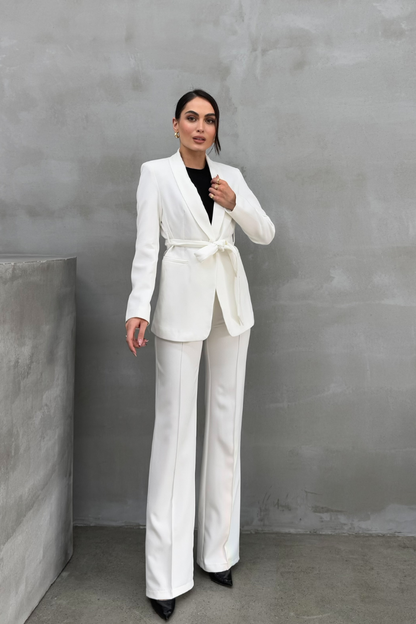 Kadın İkili Kuşaklı Blazer Ceket Pantolon Takım