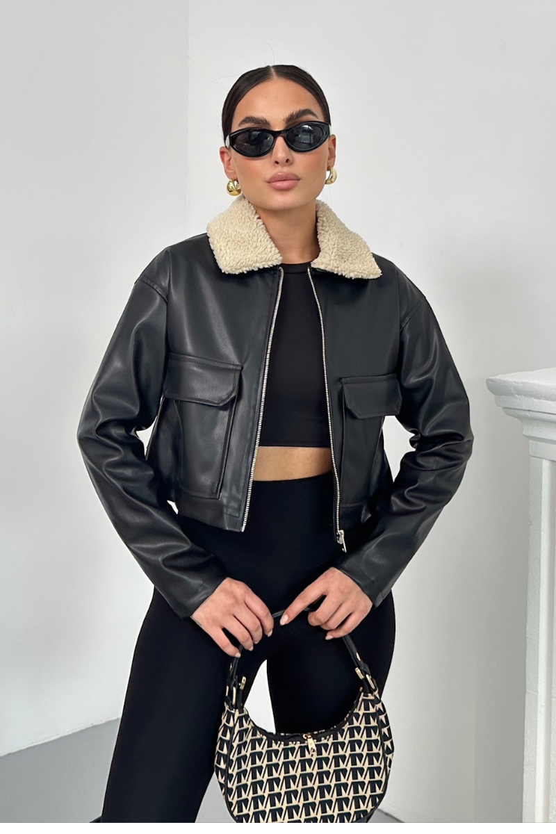 Kadın Crop Ceket Suni Deri Yakası Kürklü Fermuarlı Çift Cepli Kısa Deri Mont