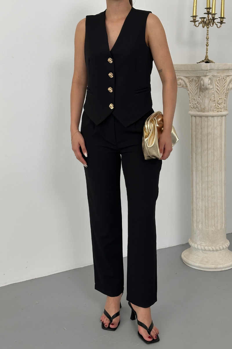 Kadın Alt Üst Takım Şık Gold Düğme Detaylı V Yaka Yelek Pantolon Takım