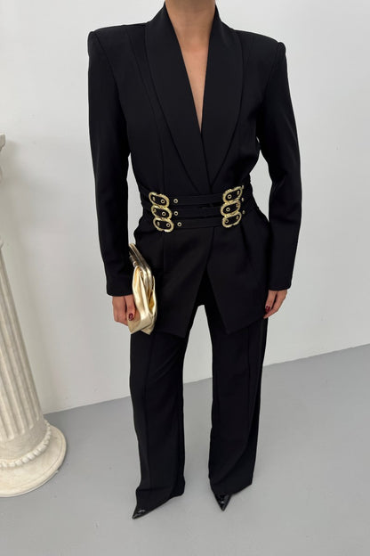 Kadın Blazer Ceket Şık Kruvaze Yaka Vatkalı Gold Kemer Detaylı Ceket