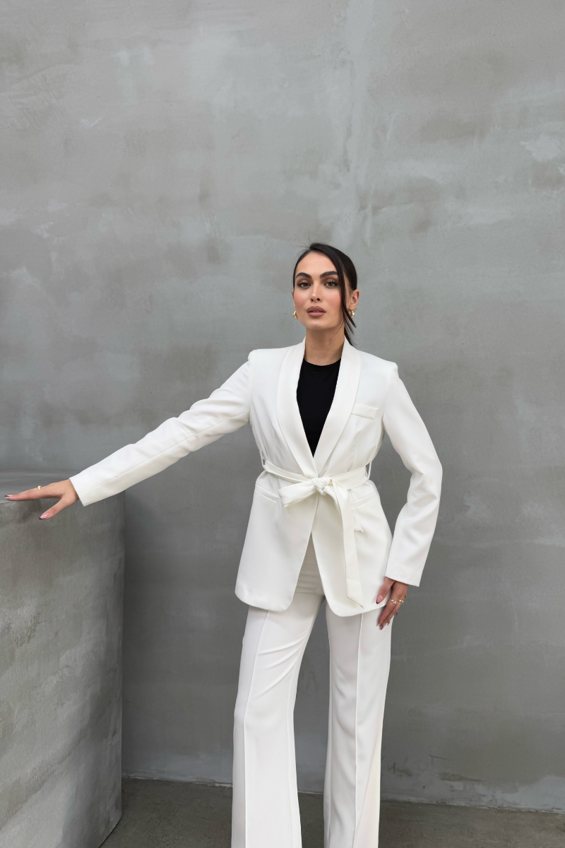 Kadın İkili Kuşaklı Blazer Ceket Pantolon Takım