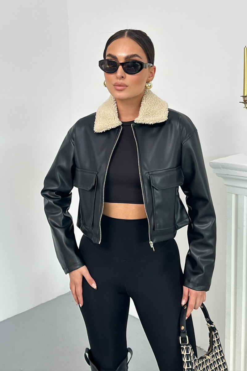 Kadın Crop Ceket Suni Deri Yakası Kürklü Fermuarlı Çift Cepli Kısa Deri Mont
