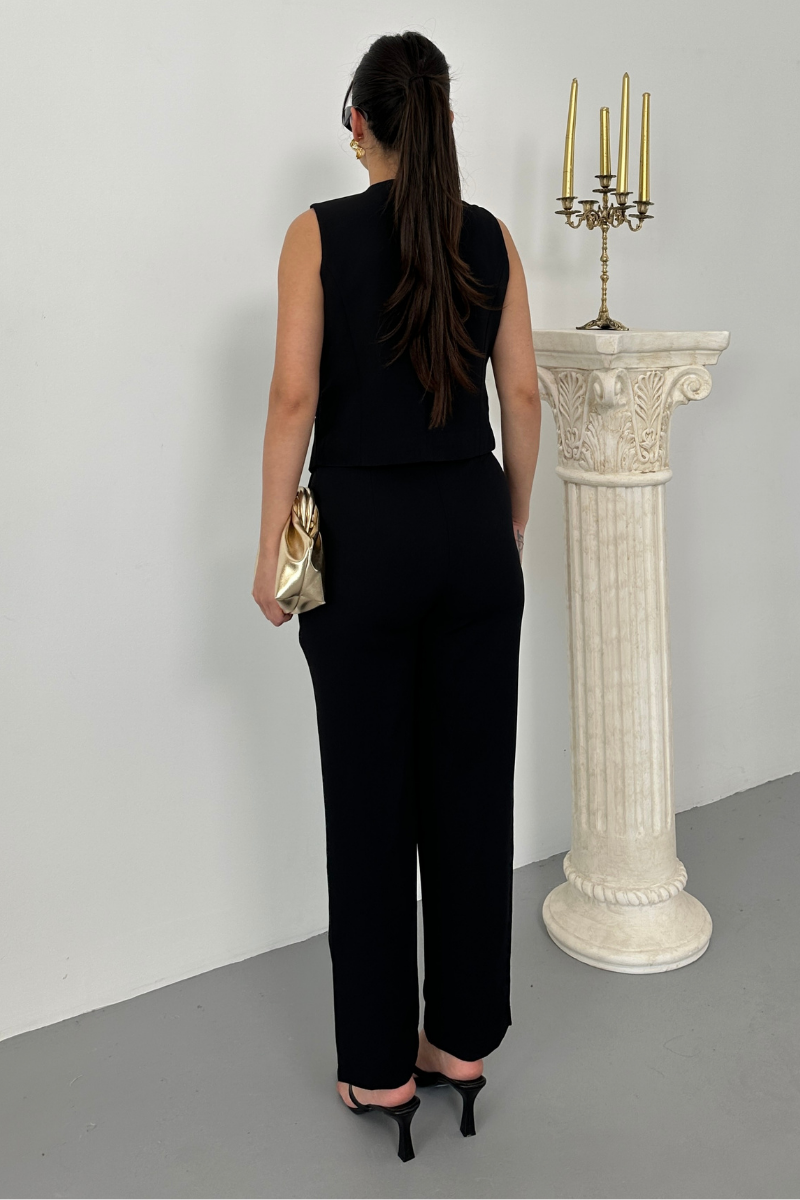 Kadın Alt Üst Takım Şık Gold Düğme Detaylı V Yaka Yelek Pantolon Takım