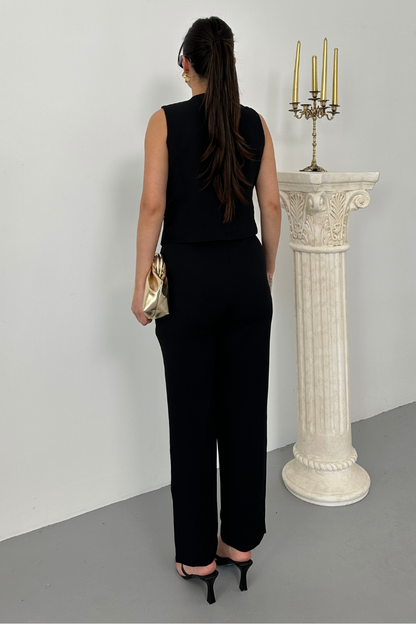 Kadın Alt Üst Takım Şık Gold Düğme Detaylı V Yaka Yelek Pantolon Takım