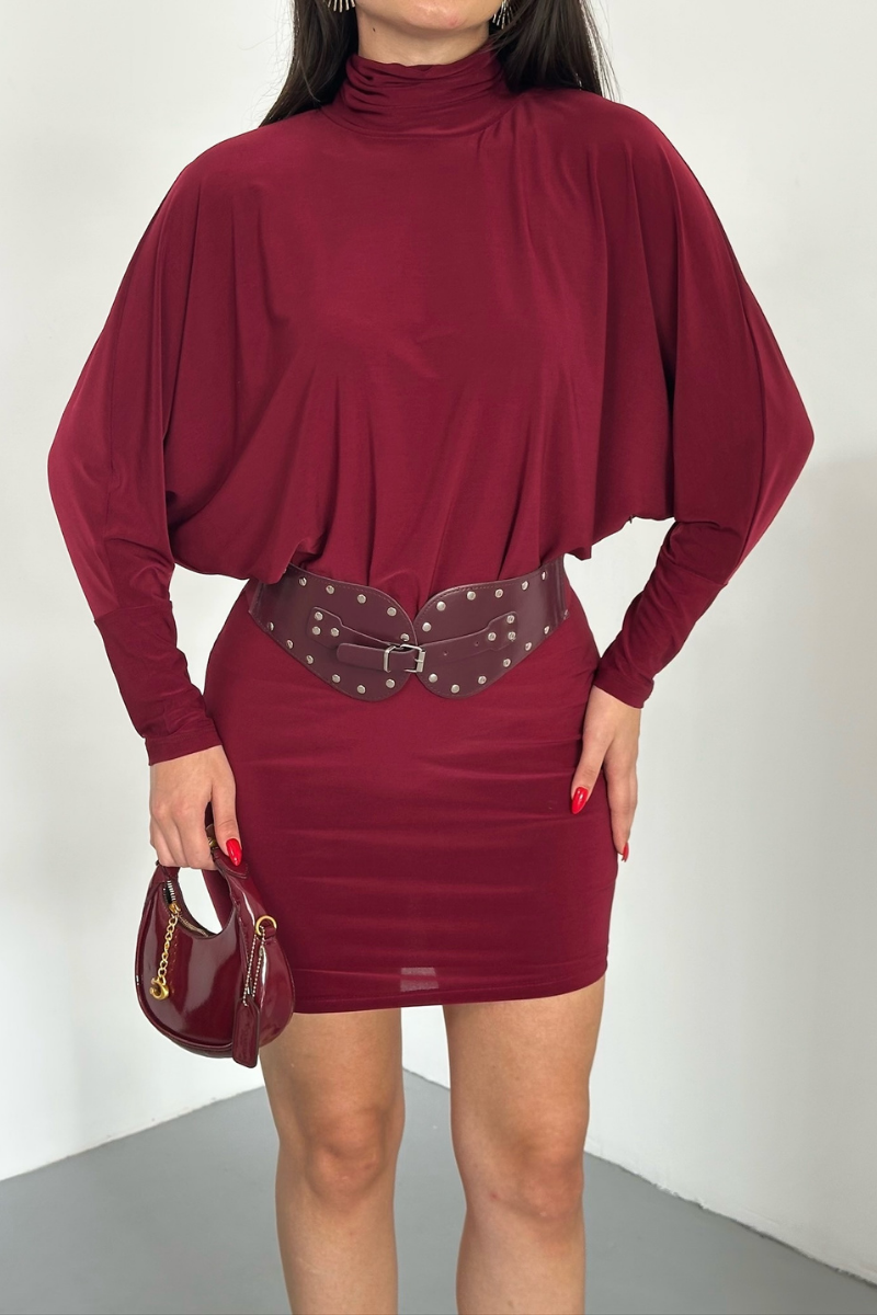 Kadın Elbise Mini Şık Kemerli Yarım Balıkçı Yaka Uzun Yarasa Kollu Dökümlü Sandy Elbise