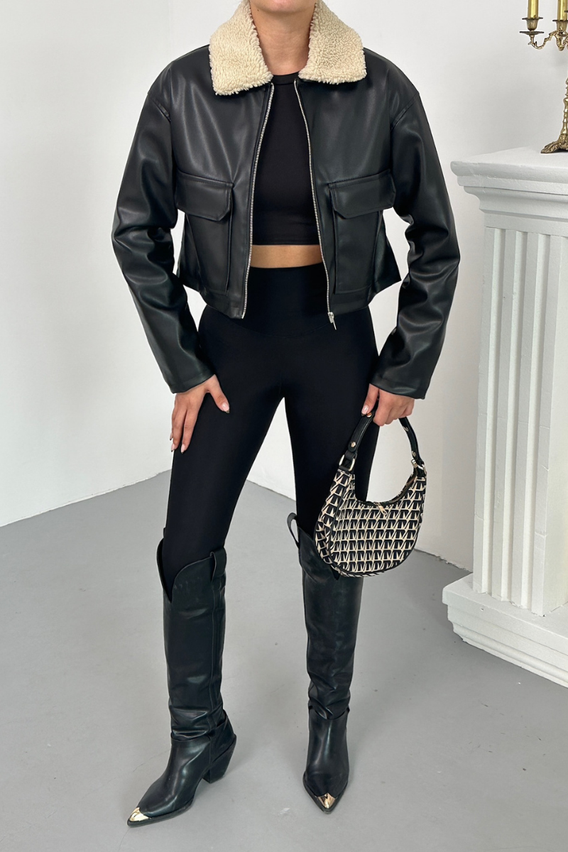 Kadın Crop Ceket Suni Deri Yakası Kürklü Fermuarlı Çift Cepli Kısa Deri Mont