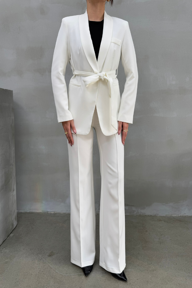 Kadın İkili Kuşaklı Blazer Ceket Pantolon Takım