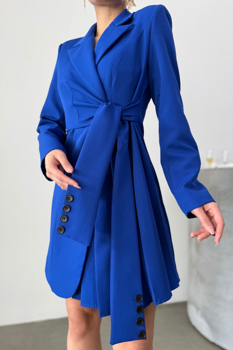 Kadın Elbise Mini Şık Uzun Kollu Kuşaklı Kruvaze Yaka Pileli Ceket Elbise