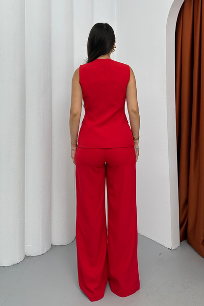 Kadın İkili Alt Üst Takım Şık Düğme Detaylı Kare Yaka Yelek Pantolon Takım