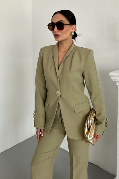 Kadın İkili Takım Şık Düğme Detaylı Dik Yaka Blazer Ceket Bol Paça Pantolon Takım