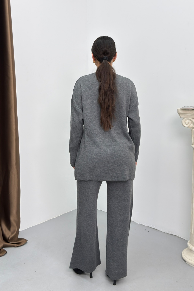 Kadın İkili Alt Üst Takım Triko Yandan Bağcıklı Kruvaze Hırka Bol Paça Pantolon Örme Takım