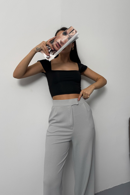 Kadın Crop Tişört Kısa Kollu Kare Yaka Basic Tişört