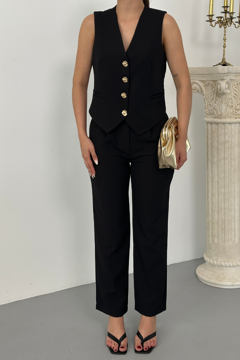 Kadın Alt Üst Takım Şık Gold Düğme Detaylı V Yaka Yelek Pantolon Takım