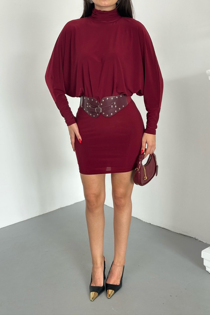 Kadın Elbise Mini Şık Kemerli Yarım Balıkçı Yaka Uzun Yarasa Kollu Dökümlü Sandy Elbise