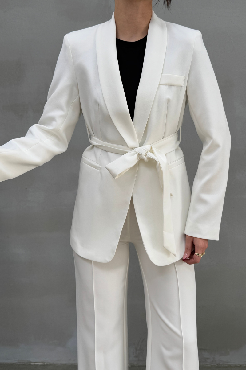 Kadın İkili Kuşaklı Blazer Ceket Pantolon Takım