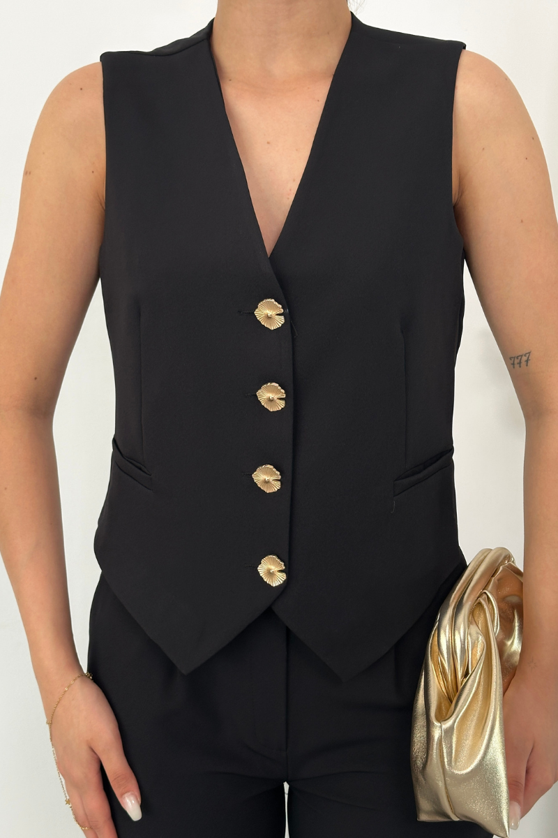 Kadın Alt Üst Takım Şık Gold Düğme Detaylı V Yaka Yelek Pantolon Takım