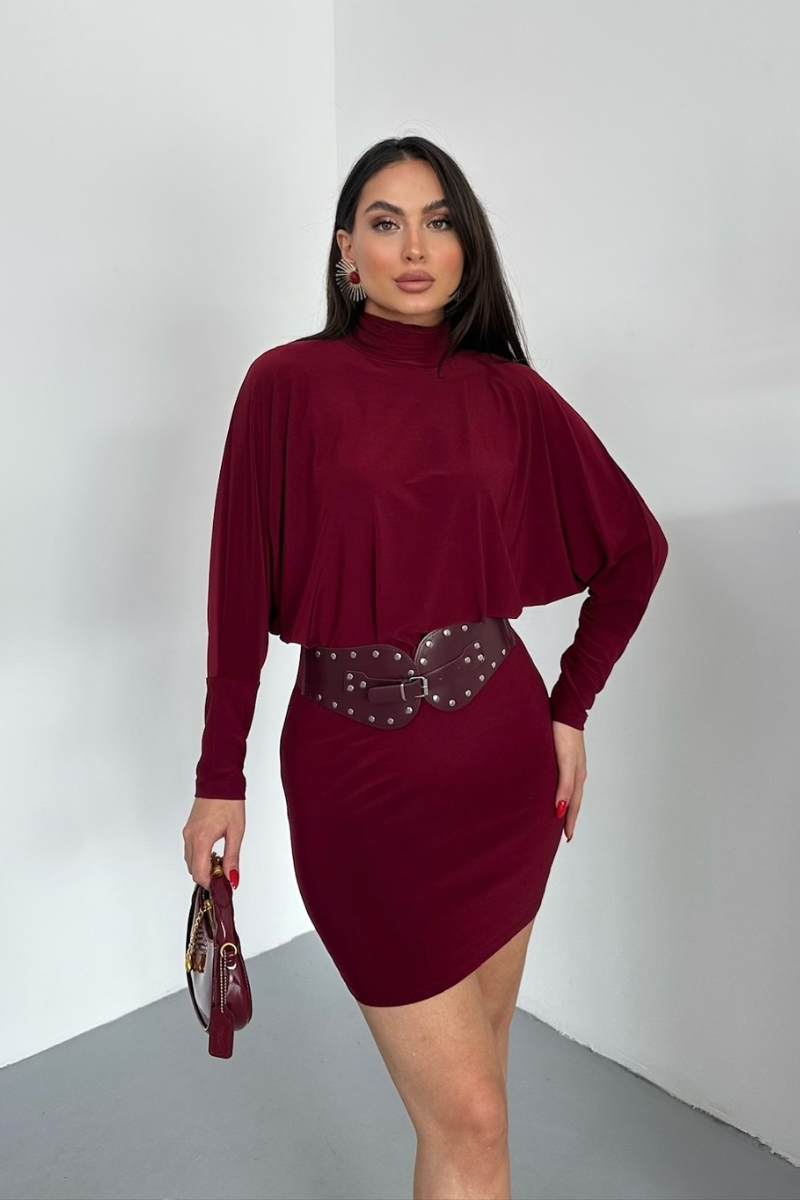 Kadın Elbise Mini Şık Kemerli Yarım Balıkçı Yaka Uzun Yarasa Kollu Dökümlü Sandy Elbise