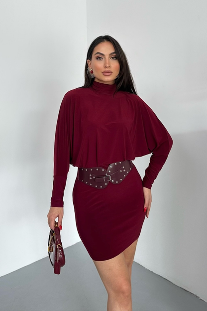 Kadın Elbise Mini Şık Kemerli Yarım Balıkçı Yaka Uzun Yarasa Kollu Dökümlü Sandy Elbise