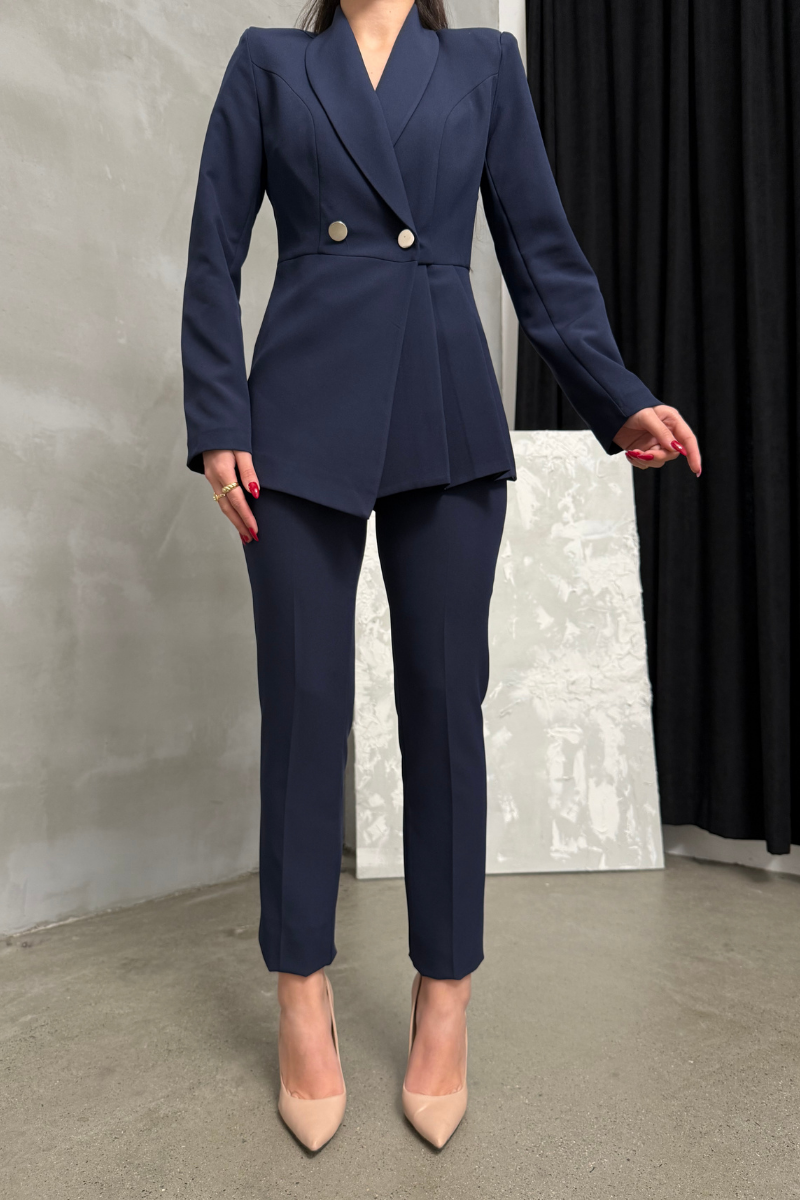 Kadın İkili Blazer Ceket Pantolon Takım Pile ve Düğme Detaylı Boru Paça