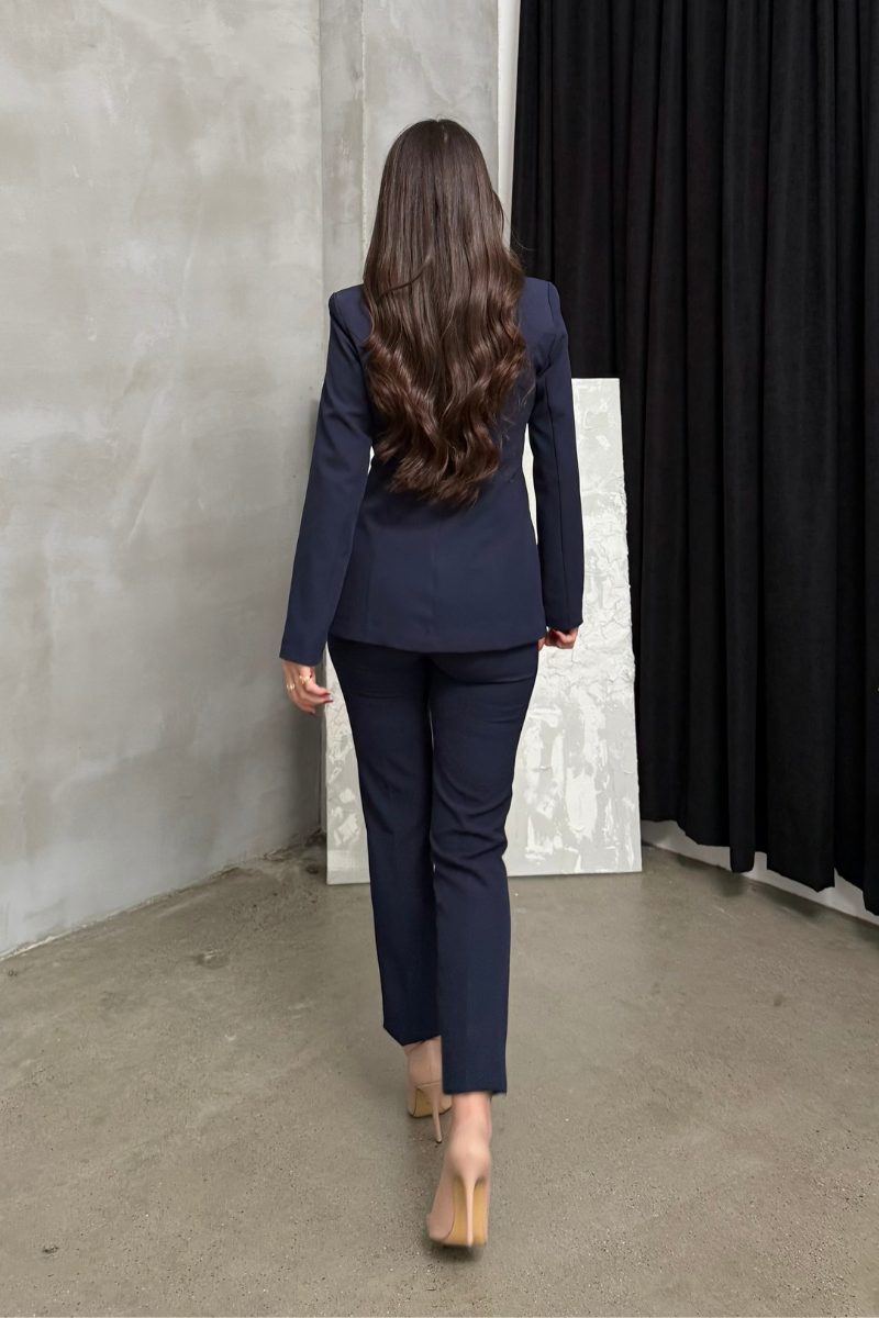 Kadın İkili Blazer Ceket Pantolon Takım Pile ve Düğme Detaylı Boru Paça