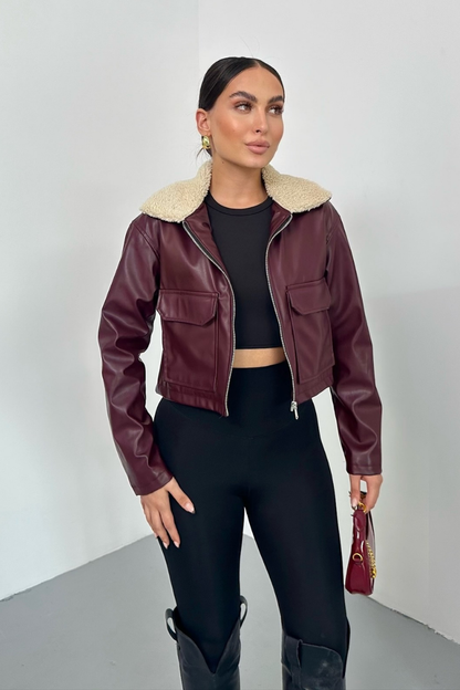 Kadın Crop Ceket Suni Deri Yakası Kürklü Fermuarlı Çift Cepli Kısa Deri Mont
