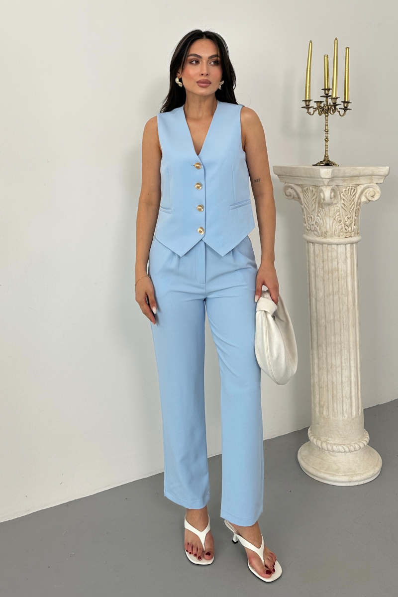 Kadın Alt Üst Takım Şık Gold Düğme Detaylı V Yaka Yelek Pantolon Takım