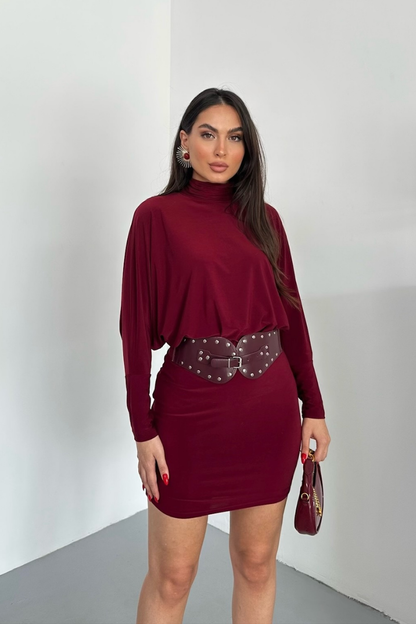 Kadın Elbise Mini Şık Kemerli Yarım Balıkçı Yaka Uzun Yarasa Kollu Dökümlü Sandy Elbise