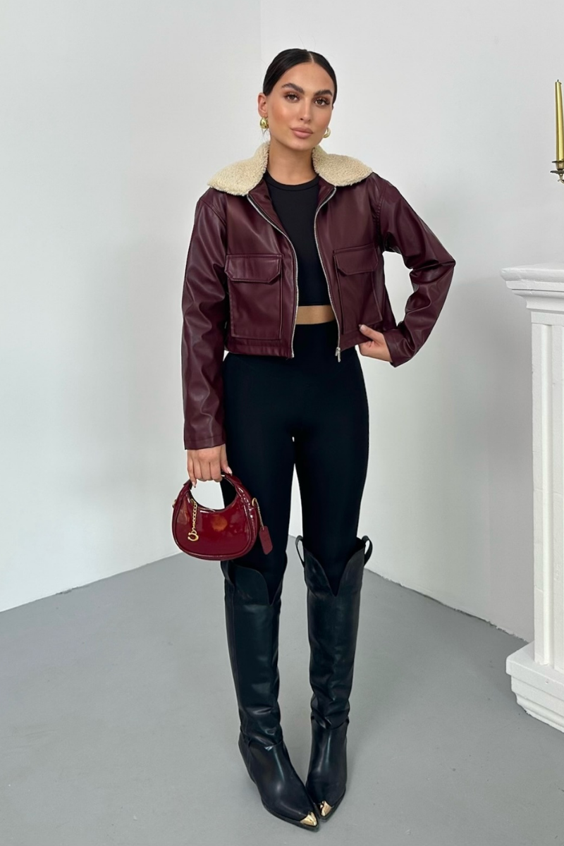 Kadın Crop Ceket Suni Deri Yakası Kürklü Fermuarlı Çift Cepli Kısa Deri Mont