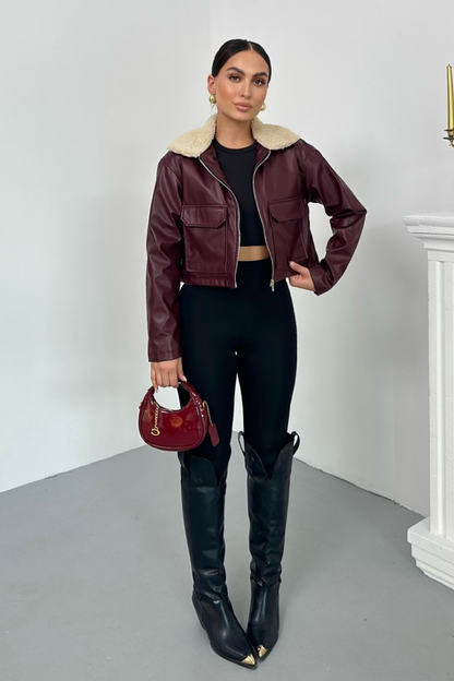 Kadın Crop Ceket Suni Deri Yakası Kürklü Fermuarlı Çift Cepli Kısa Deri Mont